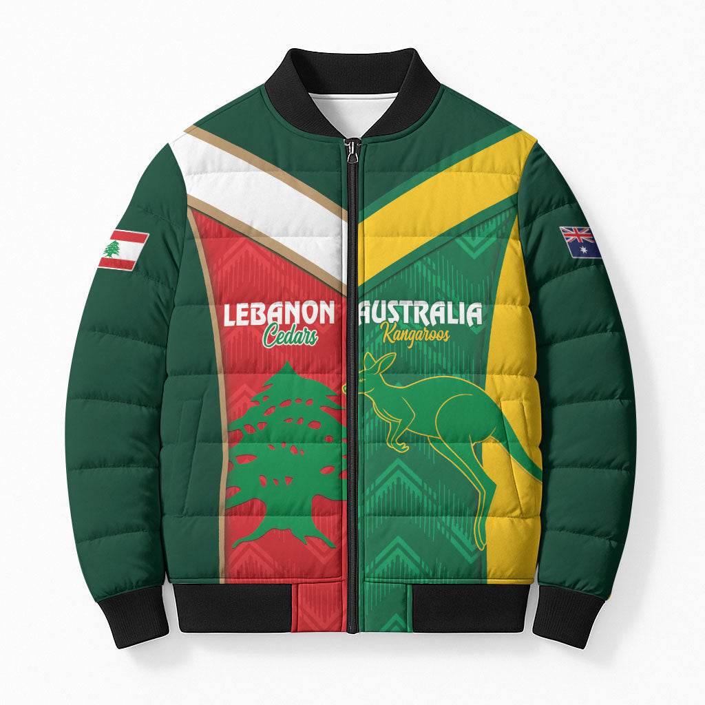 Custom Rugby Australia and Lebanon Bomber Puffer Jacket Aussie Kangaroos Cedars Together