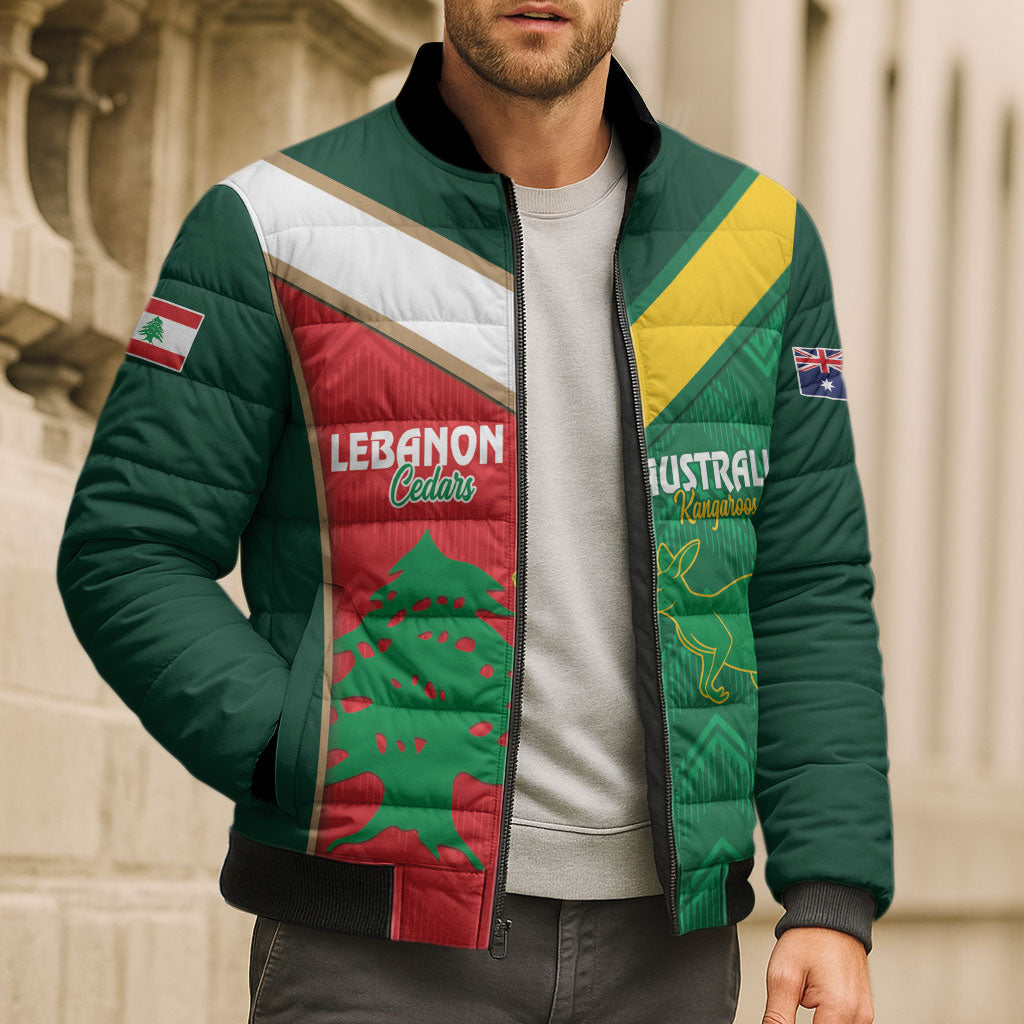 Custom Rugby Australia and Lebanon Bomber Puffer Jacket Aussie Kangaroos Cedars Together