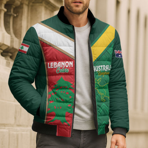 Custom Rugby Australia and Lebanon Bomber Puffer Jacket Aussie Kangaroos Cedars Together