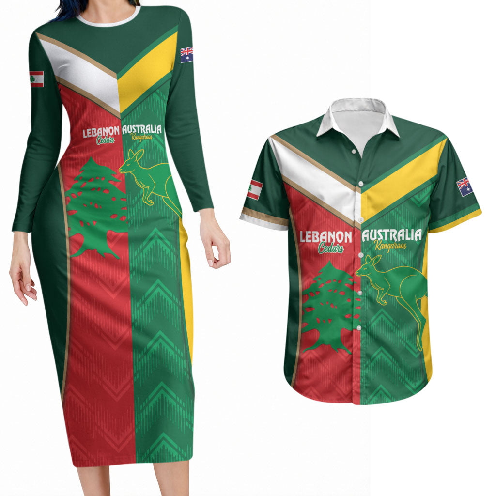 Custom Rugby Australia and Lebanon Couples Matching Long Sleeve Bodycon Dress and Hawaiian Shirt Aussie Kangaroos Cedars Together