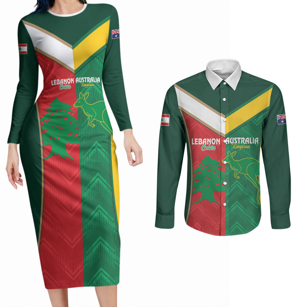 Custom Rugby Australia and Lebanon Couples Matching Long Sleeve Bodycon Dress and Long Sleeve Button Shirt Aussie Kangaroos Cedars Together