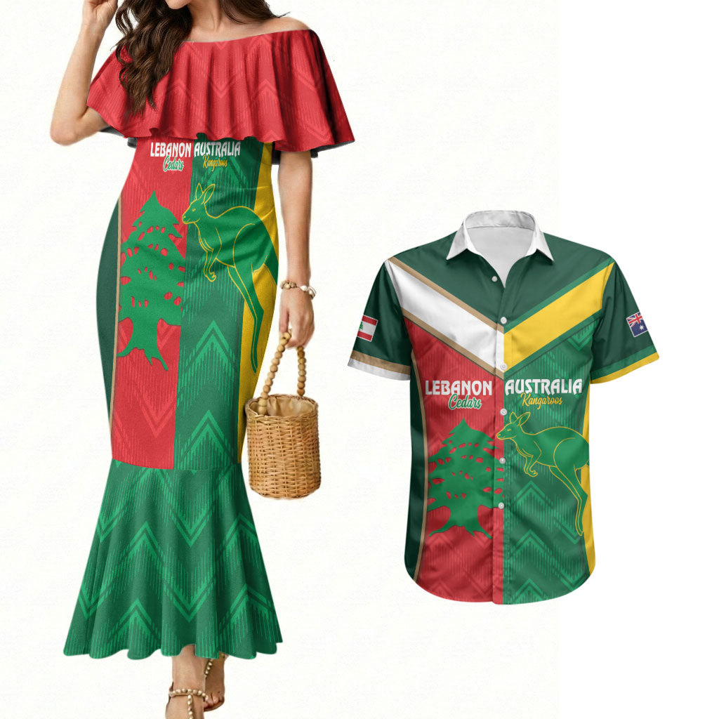 Custom Rugby Australia and Lebanon Couples Matching Mermaid Dress and Hawaiian Shirt Aussie Kangaroos Cedars Together
