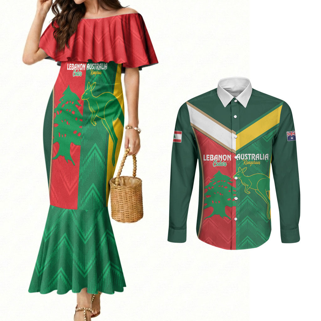 Custom Rugby Australia and Lebanon Couples Matching Mermaid Dress and Long Sleeve Button Shirt Aussie Kangaroos Cedars Together