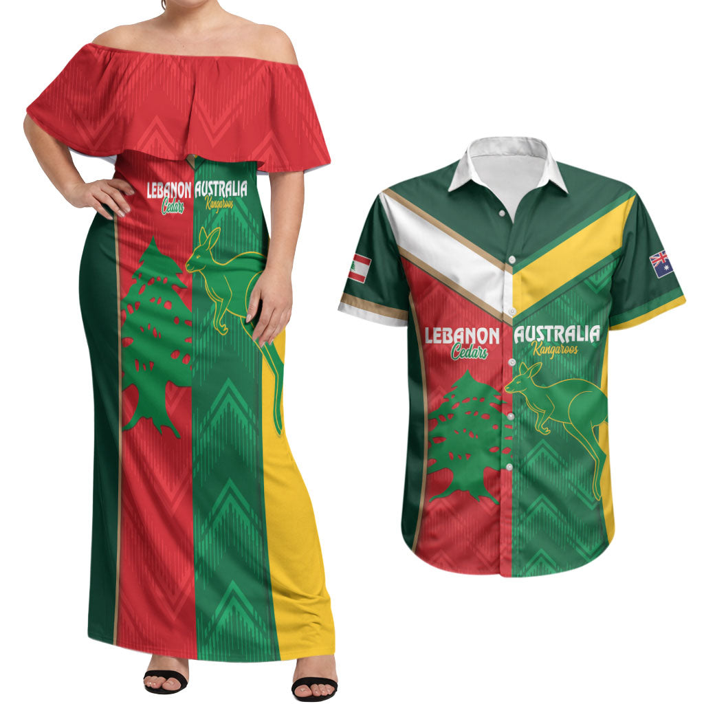 Custom Rugby Australia and Lebanon Couples Matching Off Shoulder Maxi Dress and Hawaiian Shirt Aussie Kangaroos Cedars Together