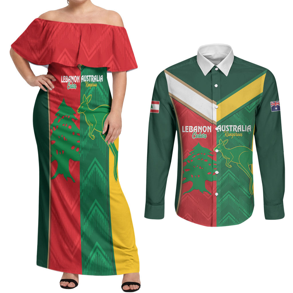 Custom Rugby Australia and Lebanon Couples Matching Off Shoulder Maxi Dress and Long Sleeve Button Shirt Aussie Kangaroos Cedars Together
