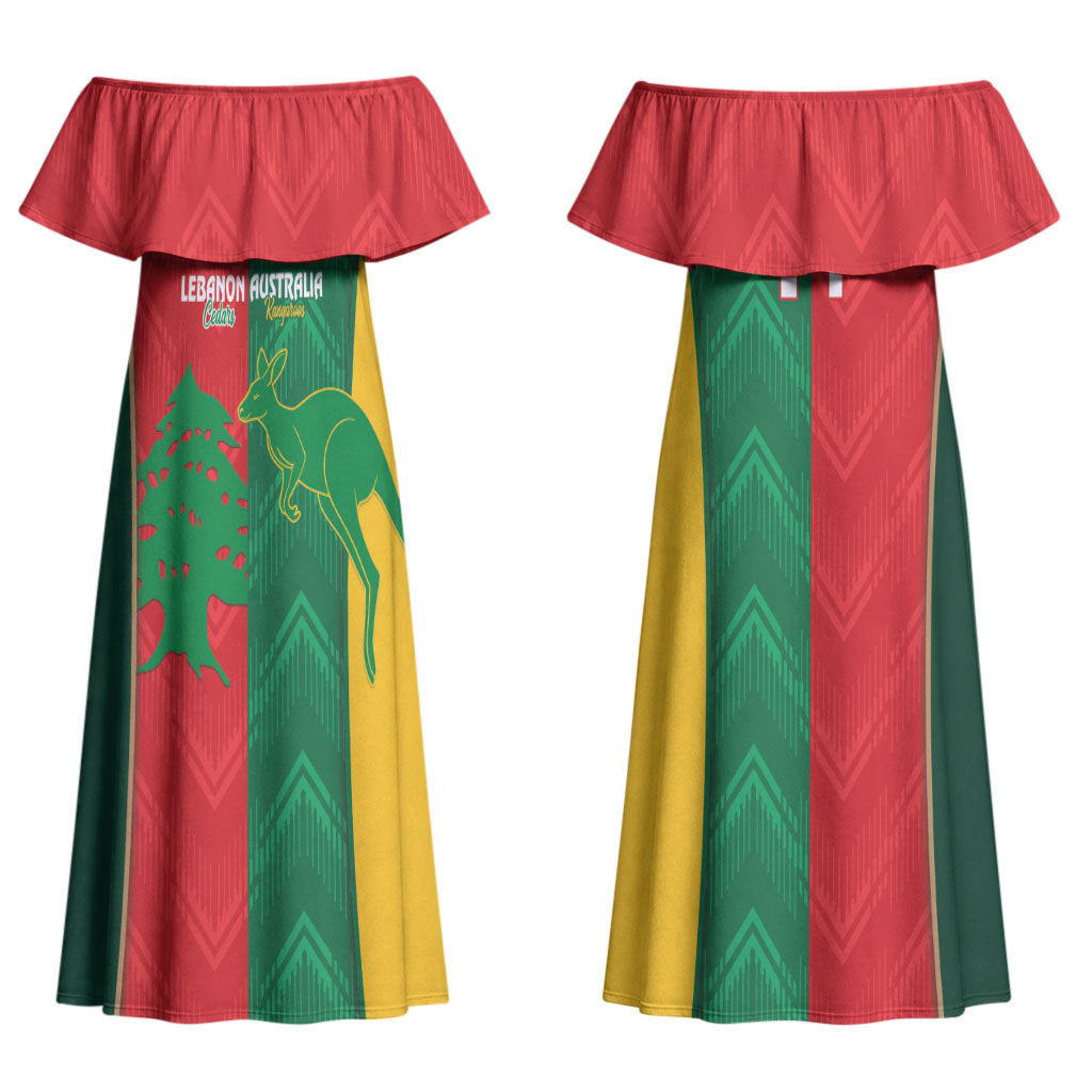 Custom Rugby Australia and Lebanon Couples Matching Off Shoulder Maxi Dress and Long Sleeve Button Shirt Aussie Kangaroos Cedars Together