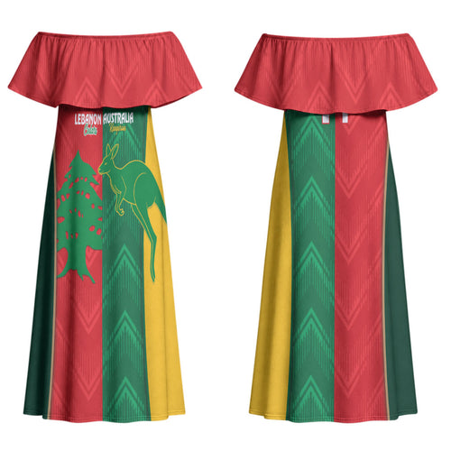 Custom Rugby Australia and Lebanon Couples Matching Off Shoulder Maxi Dress and Long Sleeve Button Shirt Aussie Kangaroos Cedars Together