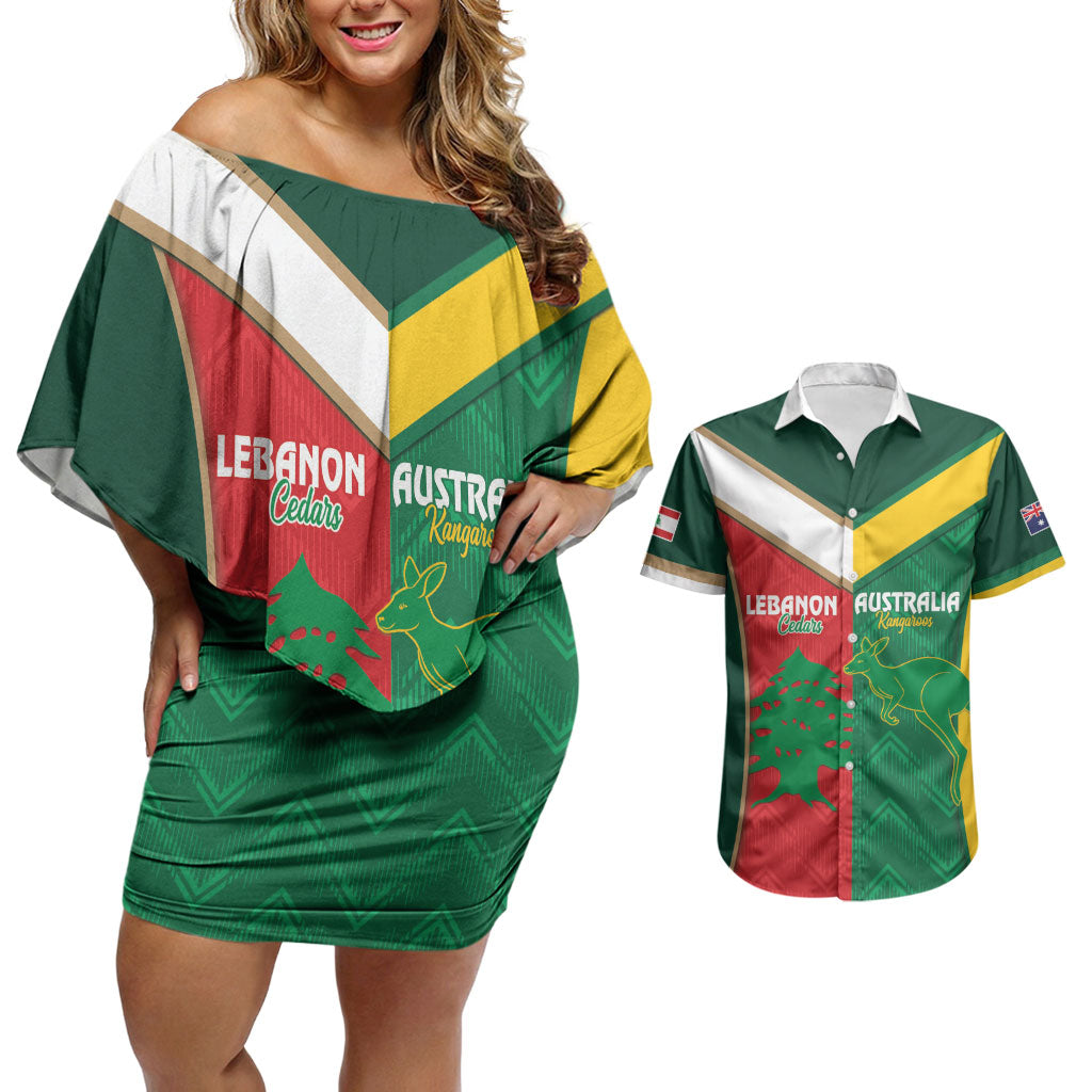 Custom Rugby Australia and Lebanon Couples Matching Off Shoulder Short Dress and Hawaiian Shirt Aussie Kangaroos Cedars Together