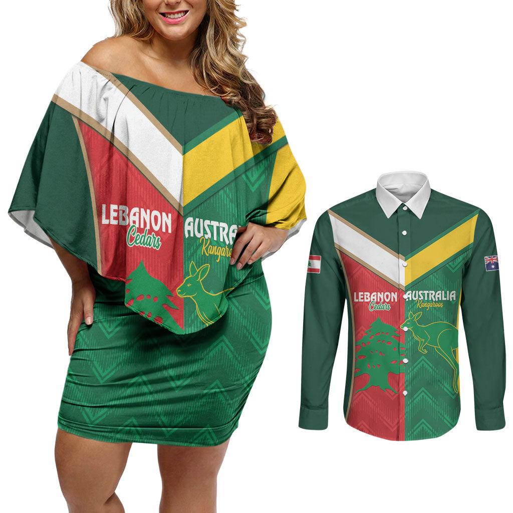 Custom Rugby Australia and Lebanon Couples Matching Off Shoulder Short Dress and Long Sleeve Button Shirt Aussie Kangaroos Cedars Together