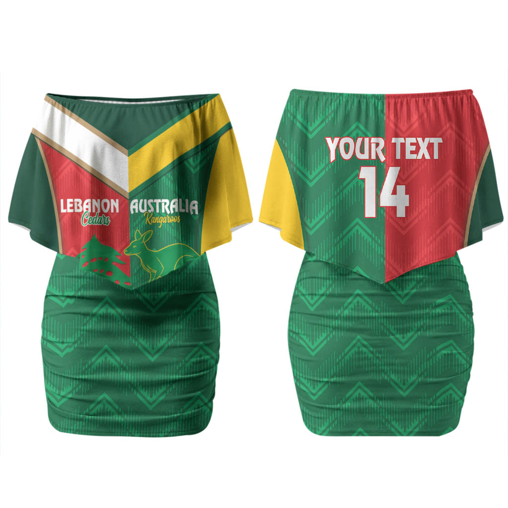 Custom Rugby Australia and Lebanon Couples Matching Off Shoulder Short Dress and Long Sleeve Button Shirt Aussie Kangaroos Cedars Together