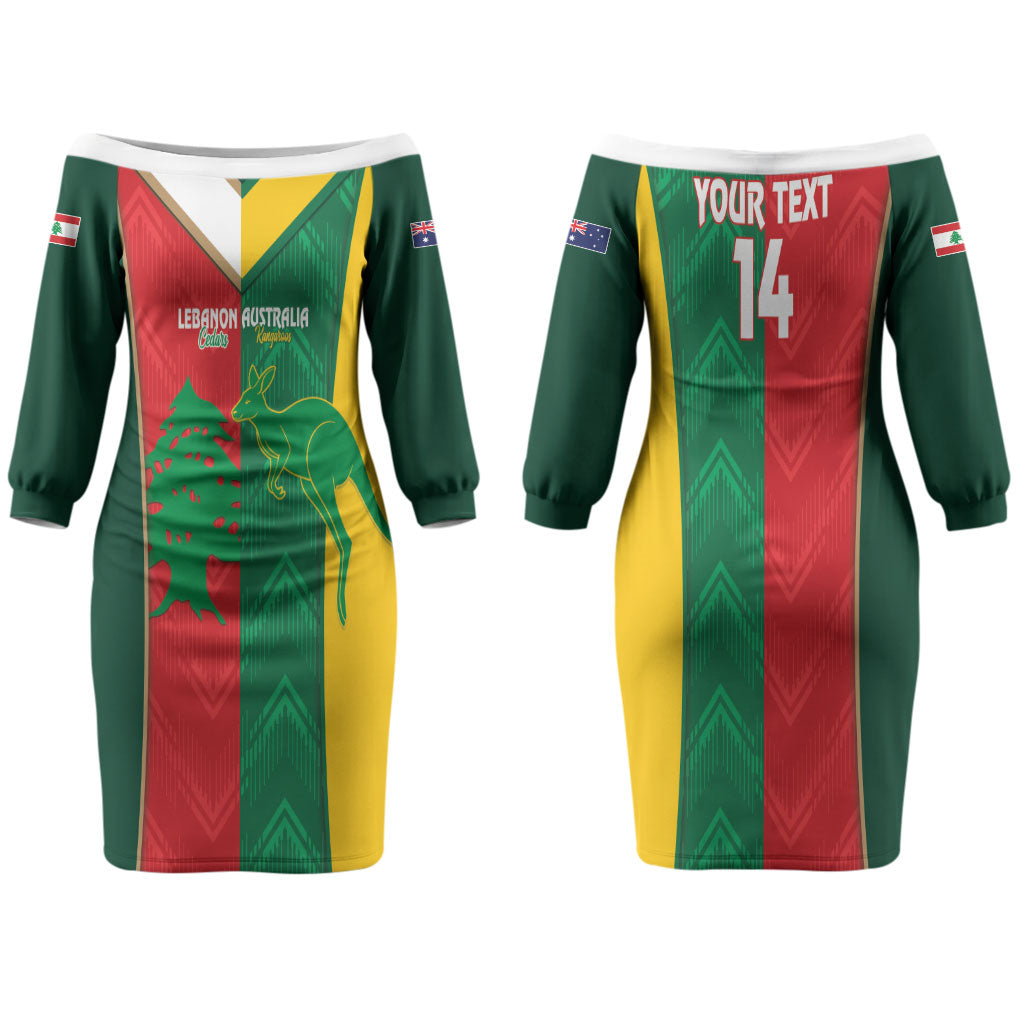 Custom Rugby Australia and Lebanon Couples Matching Off The Shoulder Long Sleeve Dress and Long Sleeve Button Shirt Aussie Kangaroos Cedars Together