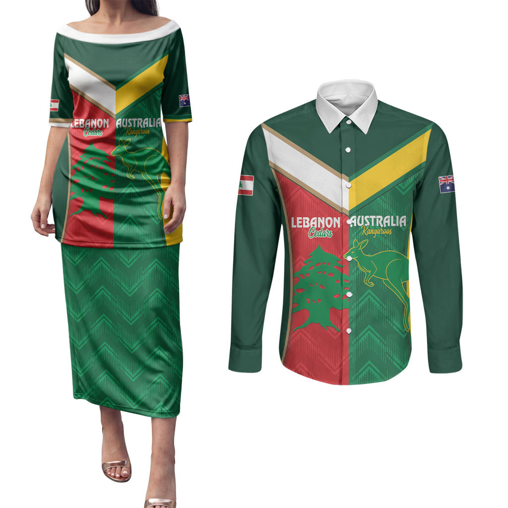 Custom Rugby Australia and Lebanon Couples Matching Puletasi and Long Sleeve Button Shirt Aussie Kangaroos Cedars Together