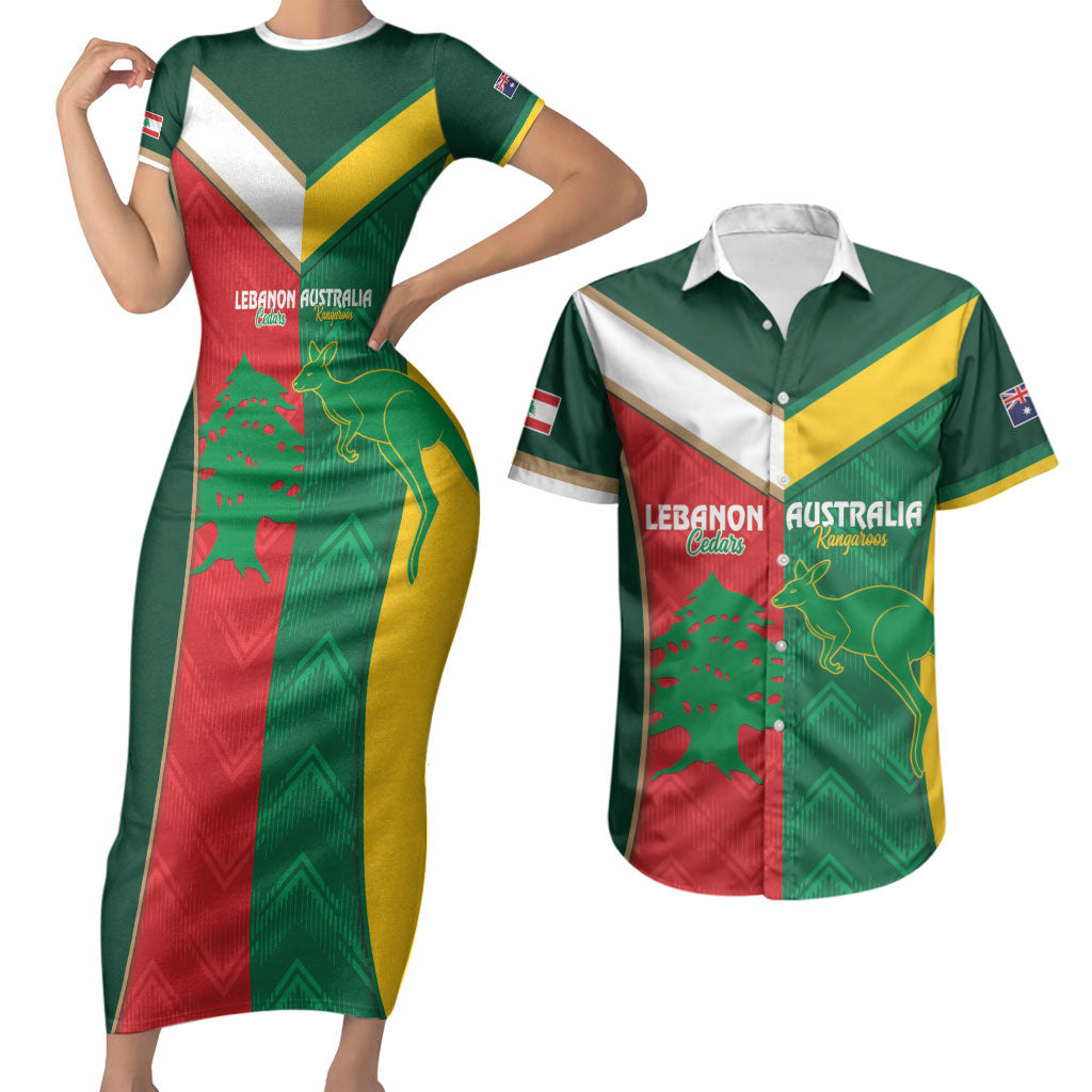 Custom Rugby Australia and Lebanon Couples Matching Short Sleeve Bodycon Dress and Hawaiian Shirt Aussie Kangaroos Cedars Together