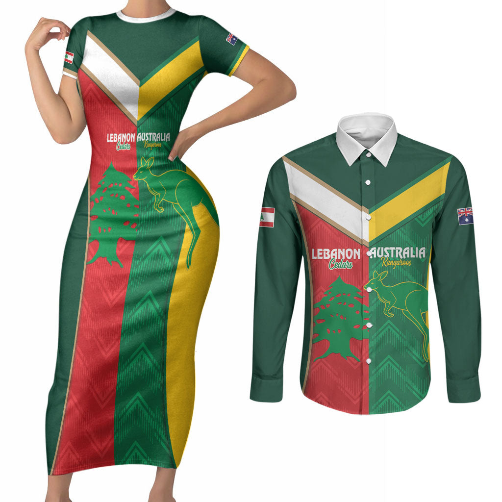 Custom Rugby Australia and Lebanon Couples Matching Short Sleeve Bodycon Dress and Long Sleeve Button Shirt Aussie Kangaroos Cedars Together