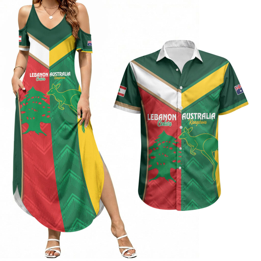 Custom Rugby Australia and Lebanon Couples Matching Summer Maxi Dress and Hawaiian Shirt Aussie Kangaroos Cedars Together
