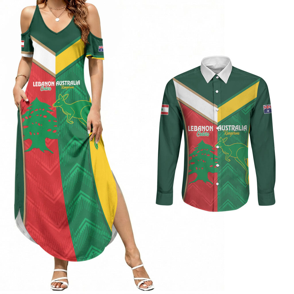 Custom Rugby Australia and Lebanon Couples Matching Summer Maxi Dress and Long Sleeve Button Shirt Aussie Kangaroos Cedars Together