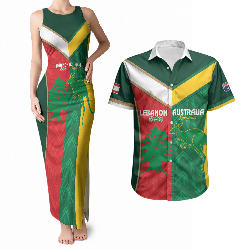 Custom Rugby Australia and Lebanon Couples Matching Tank Maxi Dress and Hawaiian Shirt Aussie Kangaroos Cedars Together