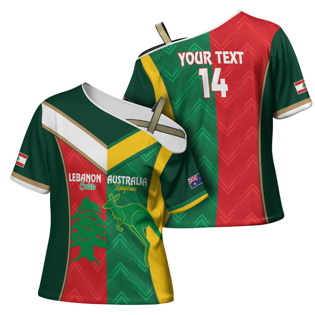 Custom Rugby Australia and Lebanon Cross Shoulder Shirt Aussie Kangaroos Cedars Together