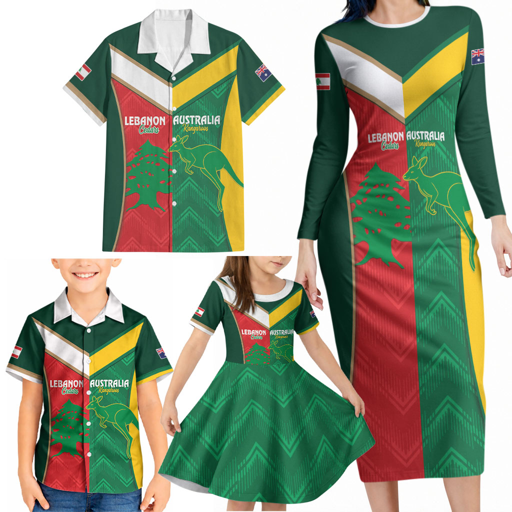 Custom Rugby Australia and Lebanon Family Matching Long Sleeve Bodycon Dress and Hawaiian Shirt Aussie Kangaroos Cedars Together