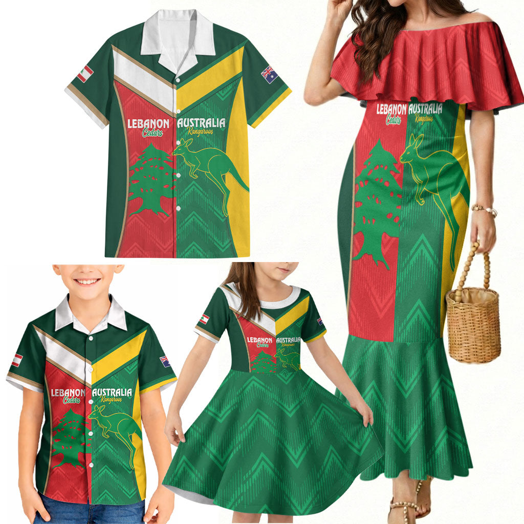 Custom Rugby Australia and Lebanon Family Matching Mermaid Dress and Hawaiian Shirt Aussie Kangaroos Cedars Together