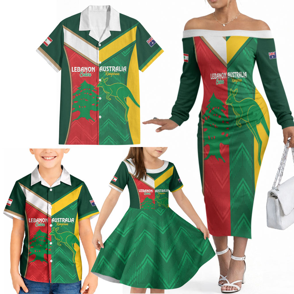 Custom Rugby Australia and Lebanon Family Matching Off The Shoulder Long Sleeve Dress and Hawaiian Shirt Aussie Kangaroos Cedars Together