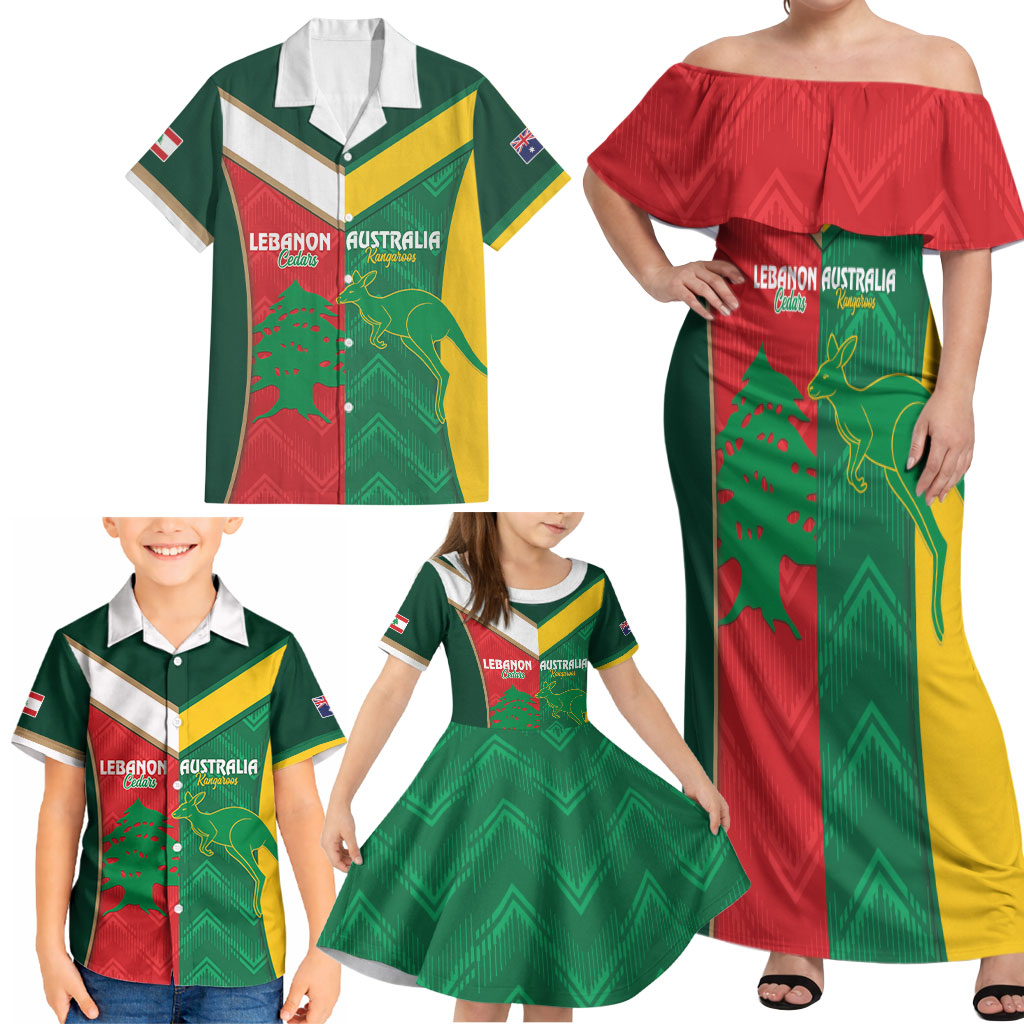 Custom Rugby Australia and Lebanon Family Matching Off Shoulder Maxi Dress and Hawaiian Shirt Aussie Kangaroos Cedars Together