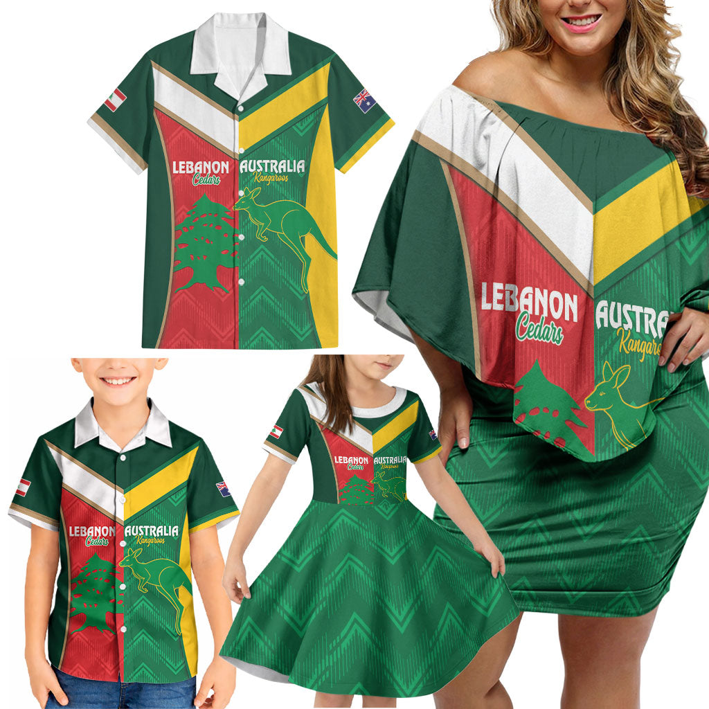 Custom Rugby Australia and Lebanon Family Matching Off Shoulder Short Dress and Hawaiian Shirt Aussie Kangaroos Cedars Together