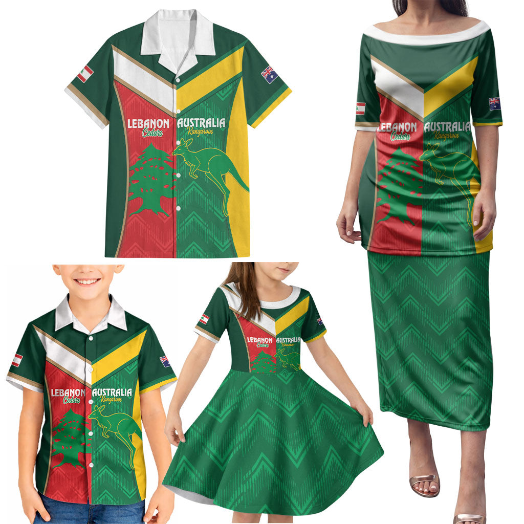 Custom Rugby Australia and Lebanon Family Matching Puletasi and Hawaiian Shirt Aussie Kangaroos Cedars Together