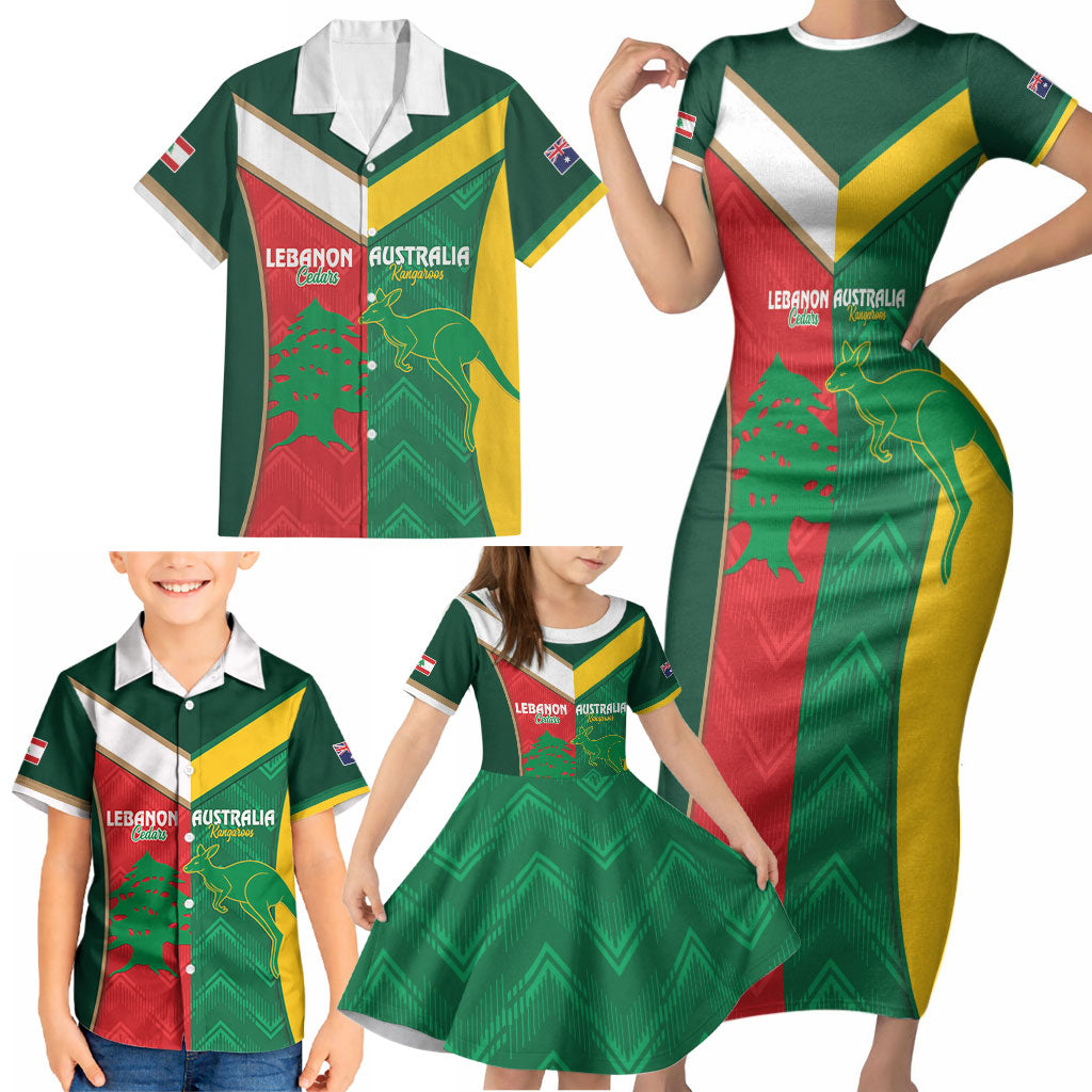 Custom Rugby Australia and Lebanon Family Matching Short Sleeve Bodycon Dress and Hawaiian Shirt Aussie Kangaroos Cedars Together