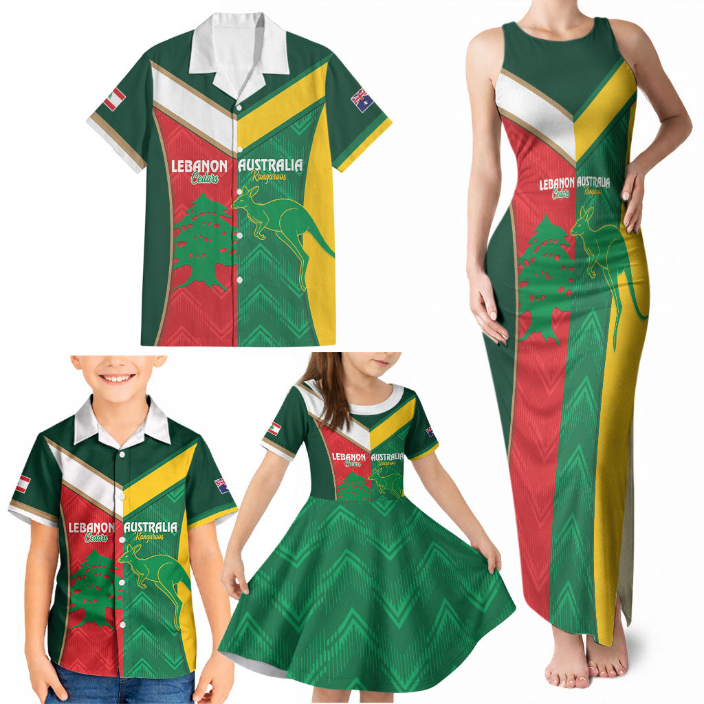 Custom Rugby Australia and Lebanon Family Matching Tank Maxi Dress and Hawaiian Shirt Aussie Kangaroos Cedars Together