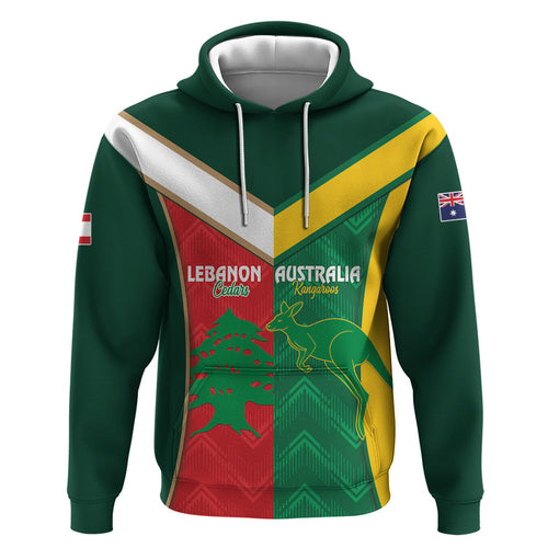 Custom Rugby Australia and Lebanon Hoodie Aussie Kangaroos Cedars Together