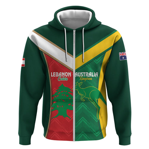 Custom Rugby Australia and Lebanon Hoodie Aussie Kangaroos Cedars Together