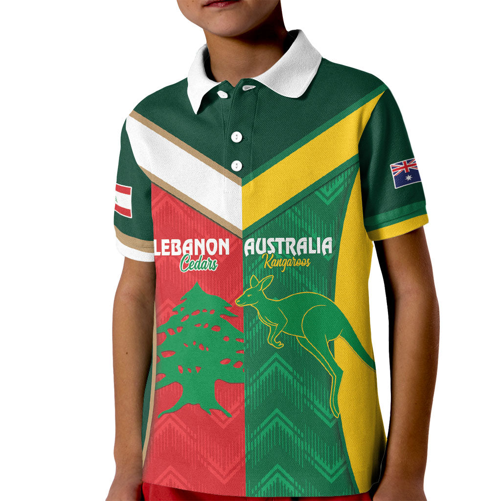 Custom Rugby Australia and Lebanon Kid Polo Shirt Aussie Kangaroos Cedars Together