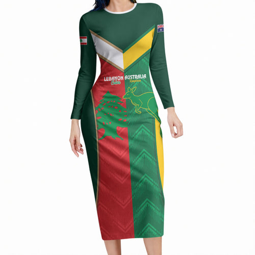 Custom Rugby Australia and Lebanon Long Sleeve Bodycon Dress Aussie Kangaroos Cedars Together