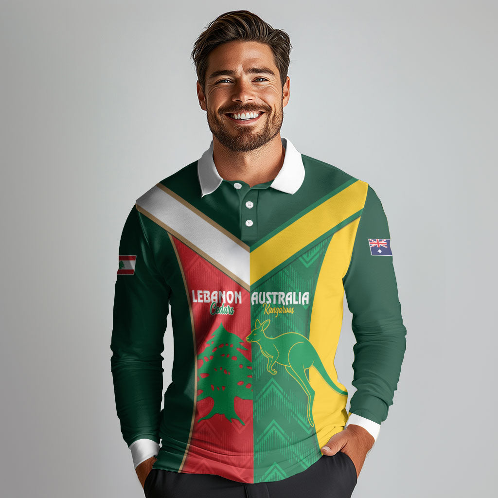 Custom Rugby Australia and Lebanon Long Sleeve Polo Shirt Aussie Kangaroos Cedars Together