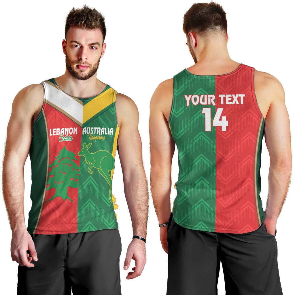 Custom Rugby Australia and Lebanon Men Tank Top Aussie Kangaroos Cedars Together