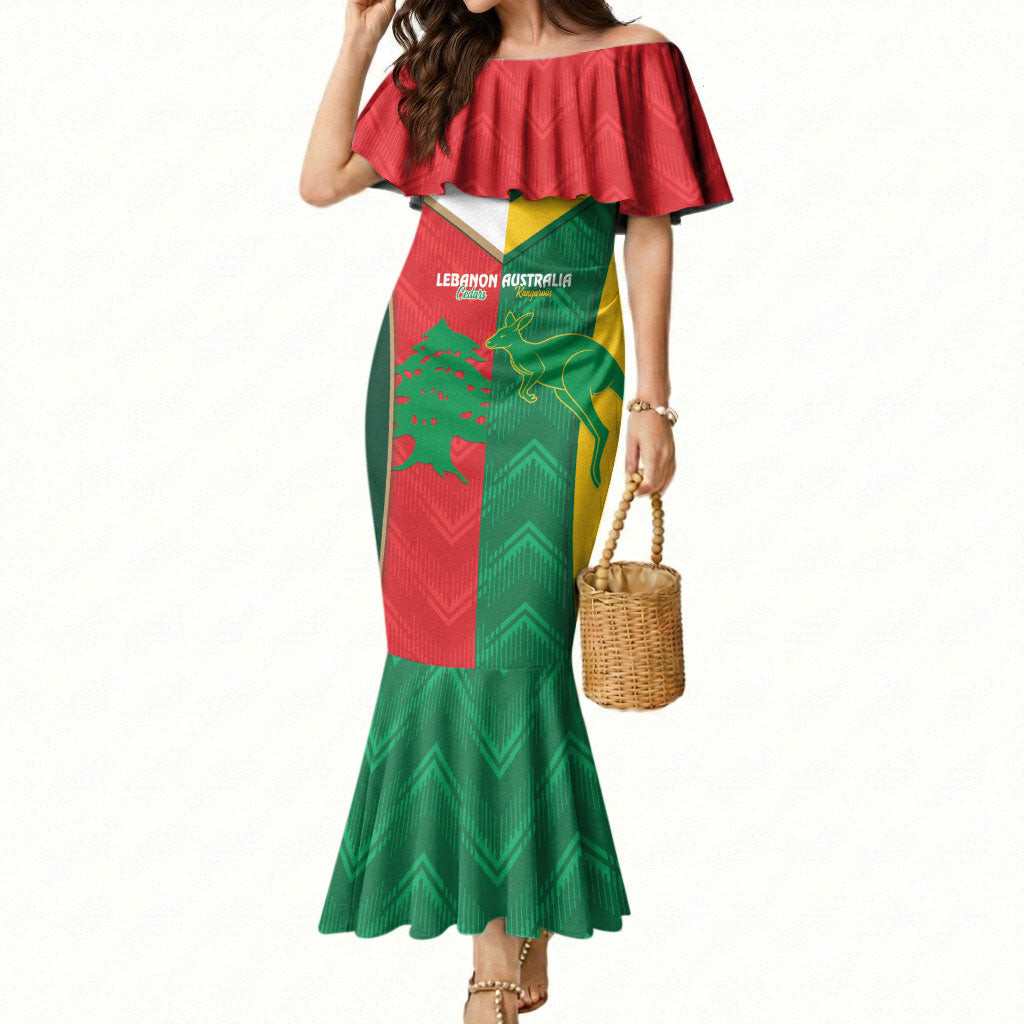 Custom Rugby Australia and Lebanon Mermaid Dress Aussie Kangaroos Cedars Together