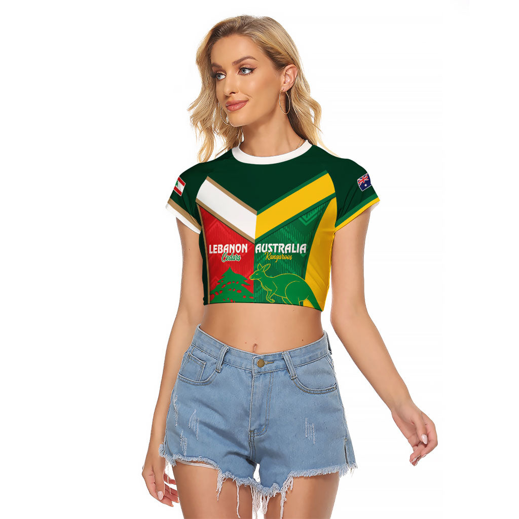 Custom Rugby Australia and Lebanon Raglan Cropped T Shirt Aussie Kangaroos Cedars Together