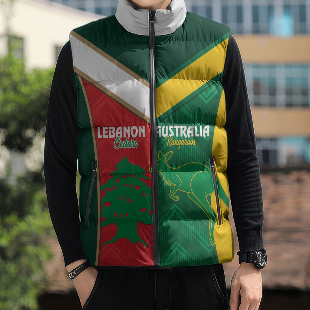 Custom Rugby Australia and Lebanon Sleeveless Puffer Jacket Aussie Kangaroos Cedars Together