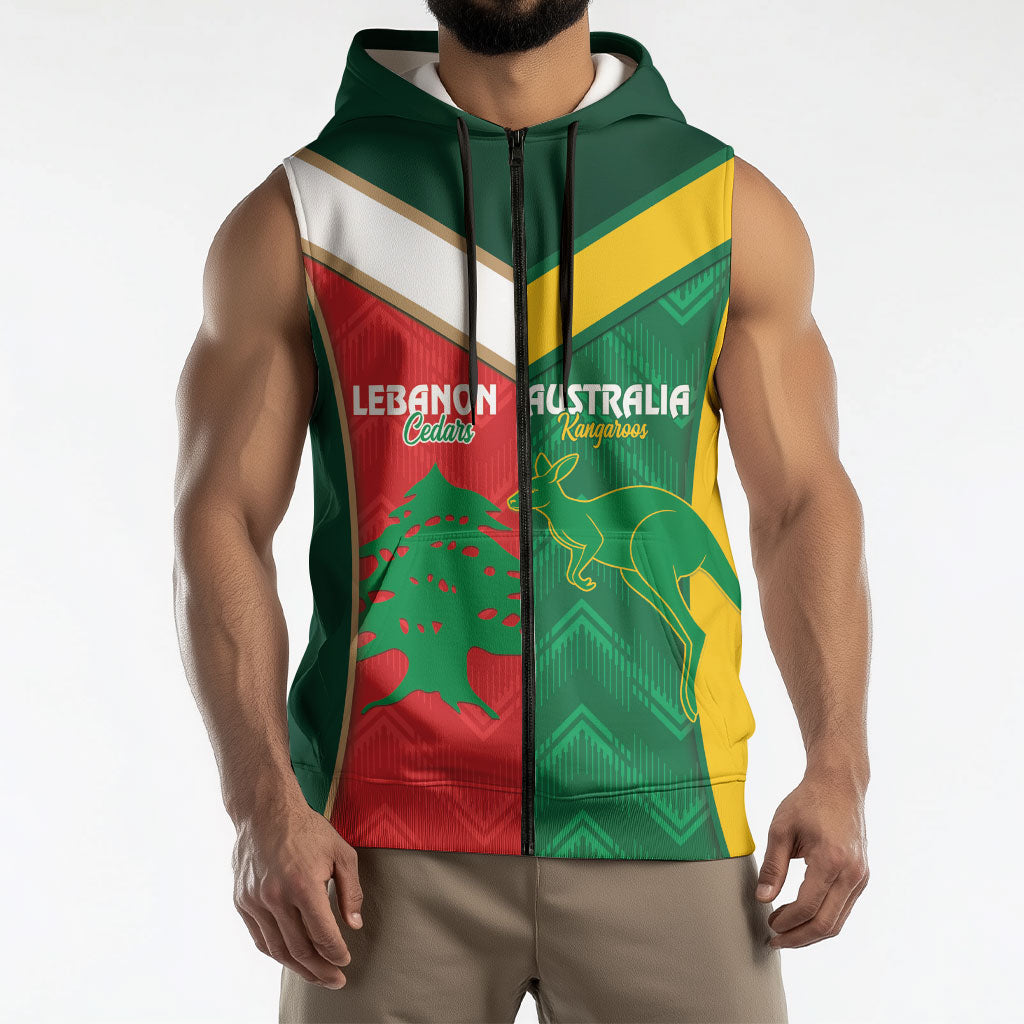 Custom Rugby Australia and Lebanon Sleeveless Zip Hoodie Aussie Kangaroos Cedars Together