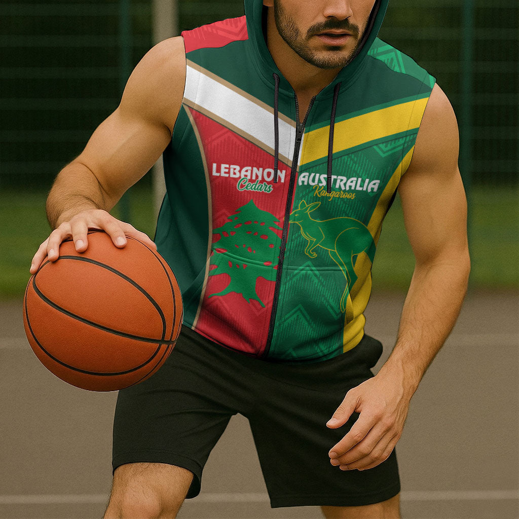 Custom Rugby Australia and Lebanon Sleeveless Zip Hoodie Aussie Kangaroos Cedars Together