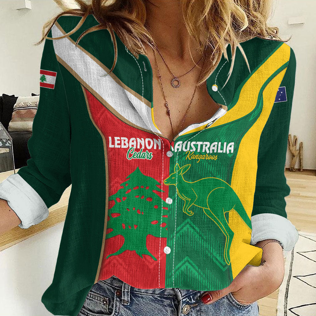 Custom Rugby Australia and Lebanon Women Casual Shirt Aussie Kangaroos Cedars Together