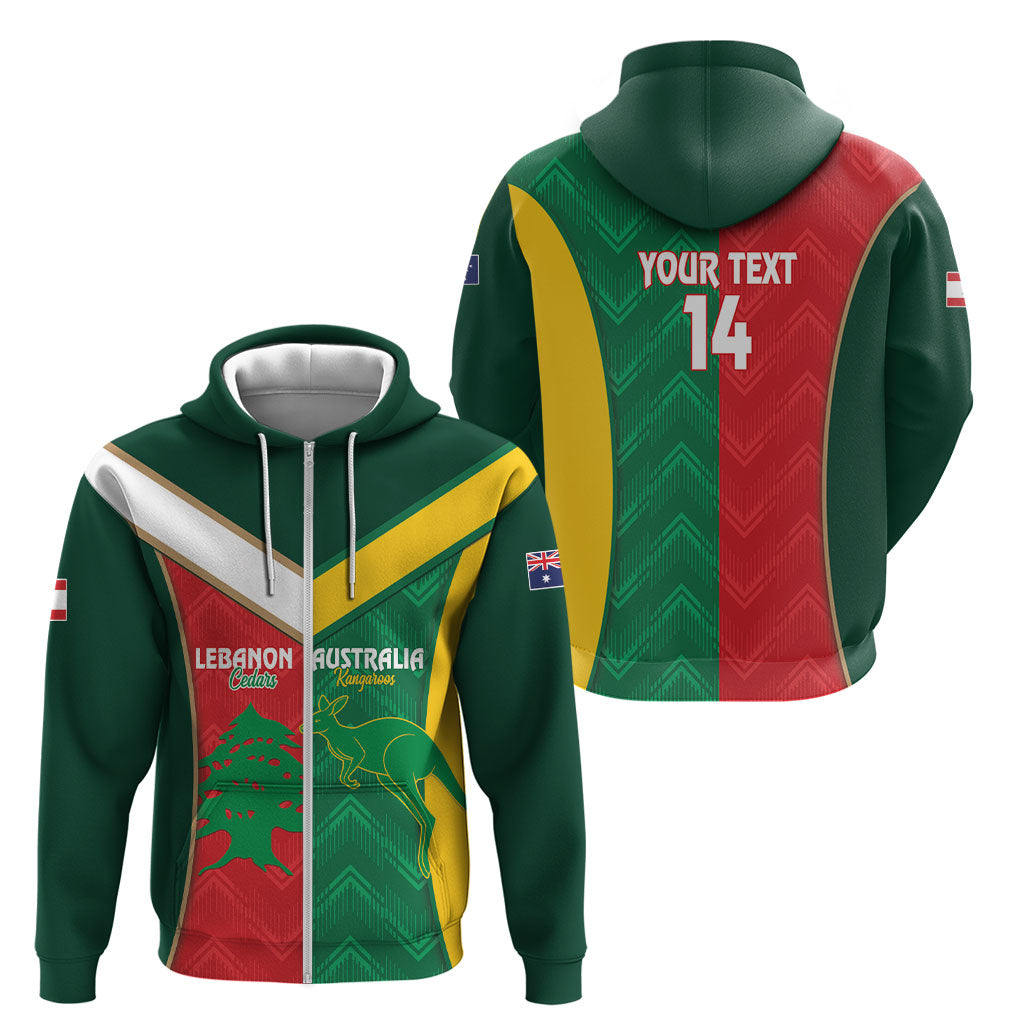 Custom Rugby Australia and Lebanon Zip Hoodie Aussie Kangaroos Cedars Together
