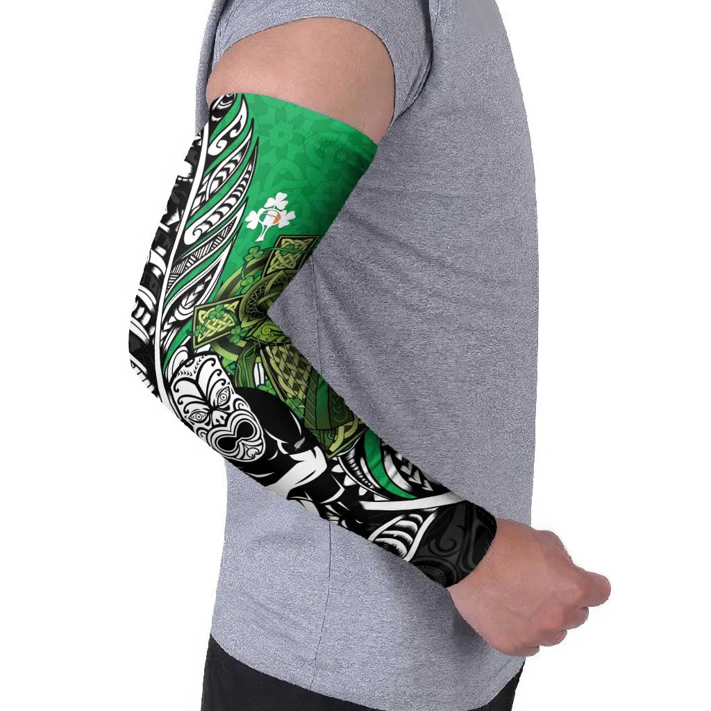 New Zealand and Ireland Rugby Custom Arm Sleeves Maori Tiki Fern Irish Celtic Cross - Aussie Hoodie