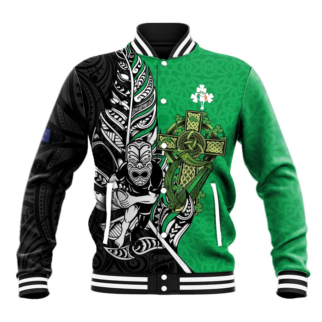 New Zealand and Ireland Rugby Custom Baseball Jacket Maori Tiki Fern Irish Celtic Cross - Aussie Hoodie