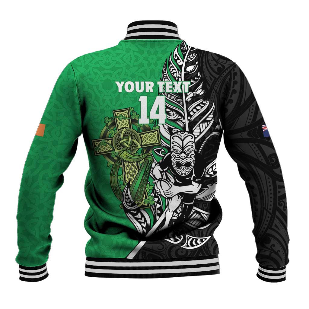 New Zealand and Ireland Rugby Custom Baseball Jacket Maori Tiki Fern Irish Celtic Cross - Aussie Hoodie