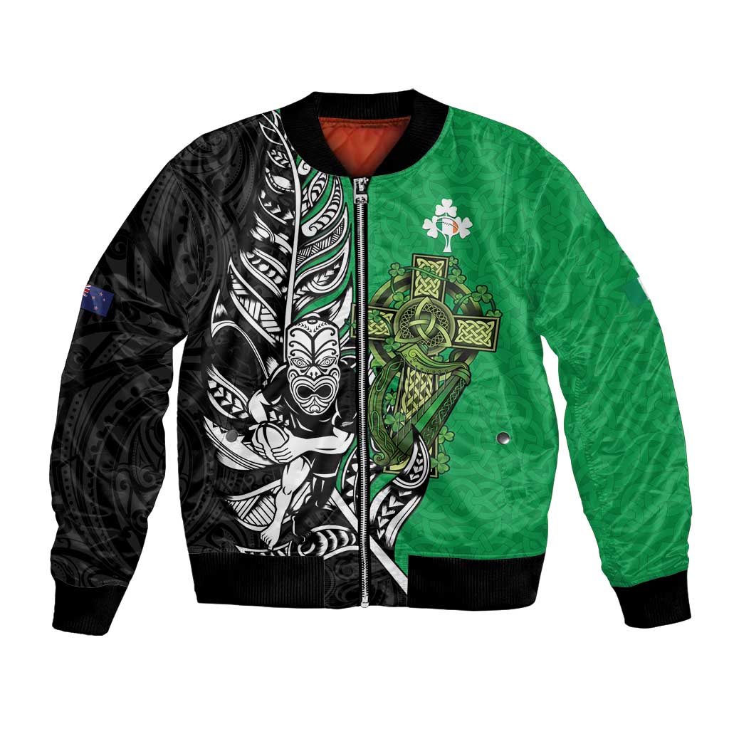 New Zealand and Ireland Rugby Custom Bomber Jacket Maori Tiki Fern Irish Celtic Cross - Aussie Hoodie