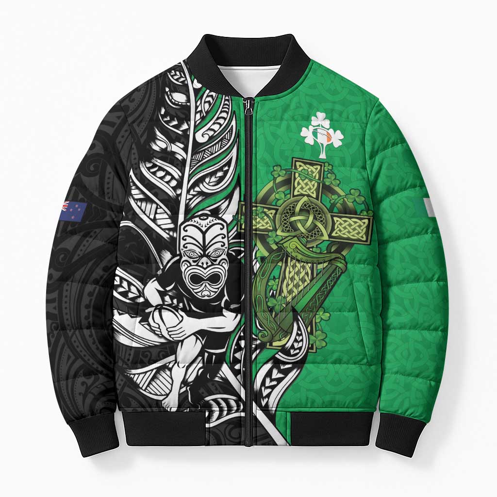 New Zealand and Ireland Rugby Custom Bomber Puffer Jacket Maori Tiki Fern Irish Celtic Cross - Aussie Hoodie
