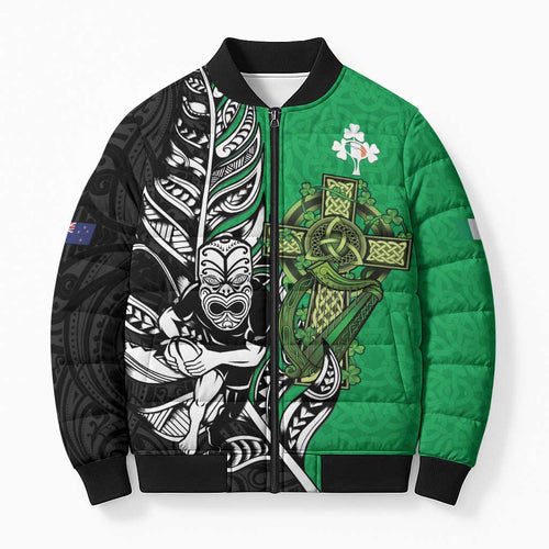 New Zealand and Ireland Rugby Custom Bomber Puffer Jacket Maori Tiki Fern Irish Celtic Cross - Aussie Hoodie