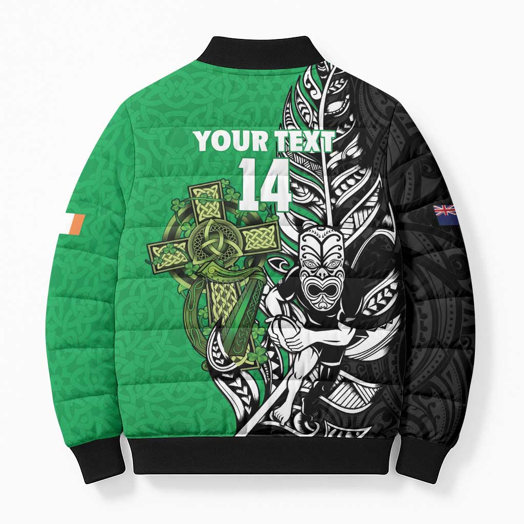 New Zealand and Ireland Rugby Custom Bomber Puffer Jacket Maori Tiki Fern Irish Celtic Cross - Aussie Hoodie